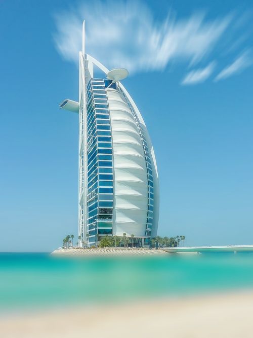 Dubai, Jungtiniai Arabų Emyratai, Jūra, Papludimys, Architektūra, Burj-A-Arabas, Viešbutis Dubajus, Ilga Ekspozicija, Poilsis, Šventė