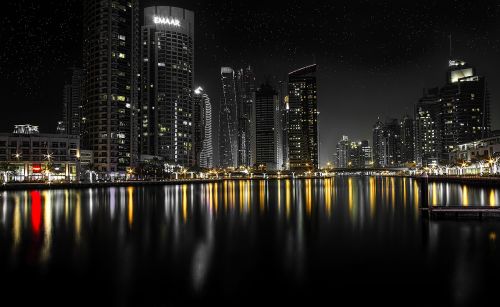 Dubai, Miesto Panorama, Naktis, Dangoraižis, Marina