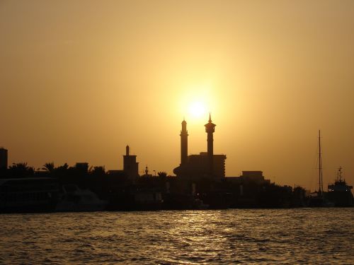 Dubai, Saulėlydis, Orientuotis, Pastatas, Minaretas, Jūra