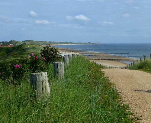 Kopų Kraštovaizdis, Šiaurės Jūra, Smėlio Paplūdimys Zeeland, Zoutelande, Takas Per Kopas