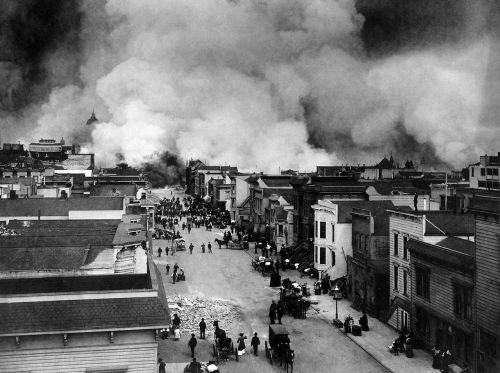 Žemės Drebėjimas, Stichinė Nelaimė, San Franciskas, 1906, Ugnis, Gaisriniai Namai, Dūmai, Liepsna, Sunaikinimas, Juoda Ir Balta