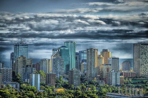 Edmontonas, Kanada, Panorama, Miestas, Miesto, Dangoraižiai, Pastatai, Medžiai, Miestai, Dangus, Debesys, Lauke, Hdr