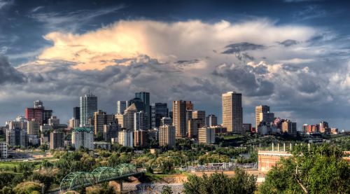 Edmontonas, Kanada, Miestas, Cites, Miesto, Pastatai, Dangoraižiai, Panorama, Upė, Vanduo, Apmąstymai, Hdr, Dangus, Debesys, Lauke, Medžiai, Tiltas, Architektūra