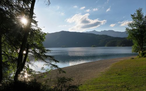 Eibsee, Ežeras, Vandenys, Kalninis Ežeras, Abendstimmung, Vanduo, Bavarija, Grainau, Kalnai, Veidrodis, Saulėlydis, Vakarinis Dangus, Nuotaika, Dangus, Vakaras, Kraštovaizdis, Vandens Atspindys, Atgal Šviesa, Saulė, Apakinti