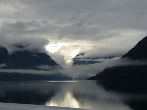 Eidfjord, Norvegija, Fjordai, Debesys, Aušra