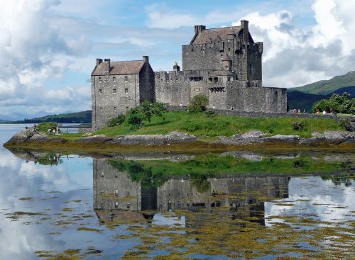 Eilean Donan Pilis, Pilis, Eilean Donan, Škotija, Veidrodis, Vanduo, Debesys, Mūra, Kraštovaizdis