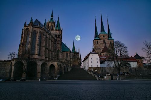 Erfurtas, Turingijos Federalinė Žemė, Vokietija, Dom, Bažnyčia, Naktis, Naktinė Nuotrauka, Apšvietimas, Lankytinos Vietos, Morgenstimmung, Mėnulis, Pilnatis