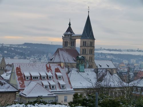 Esslingen, Bažnyčia, Stogai, Sniegas, Žiema, Šaltas, Balta, Žiemą, Snieguotas