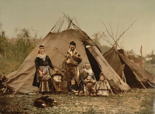Šeima, Ragas, Sami, Laplandas, Norvegija, 1900, Fotochromas, Palapinė, Indėnas