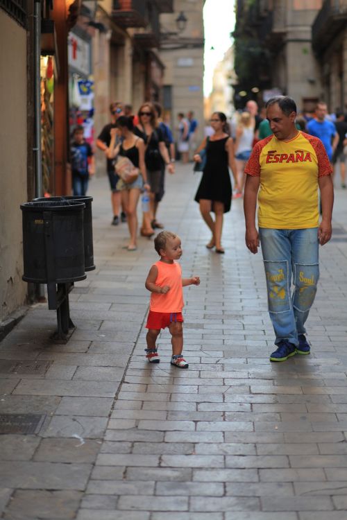 Tėvas, Kūdikis, Barcelona, Ispanija, Žmonės, Gatvė, Vaikščioti