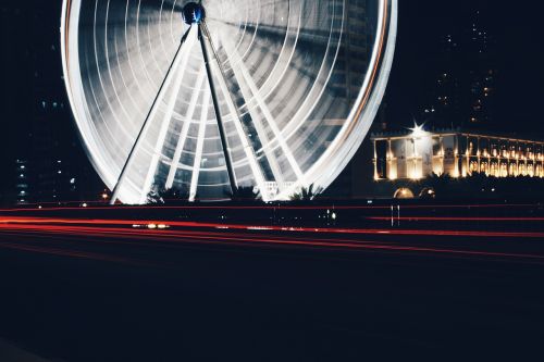 Ferris Ratas, Pramogų Parkas, Architektūra, Infrastruktūra, Struktūra, Tamsi, Naktis, Ilga Ekspozicija