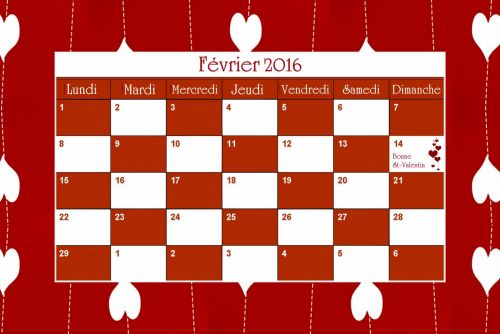 Kalendorius,  Nuotrauka,  Vasaris,  Valentino Diena,  2016,  Prancūzų Kalba,  Vasaris 2016 # 1