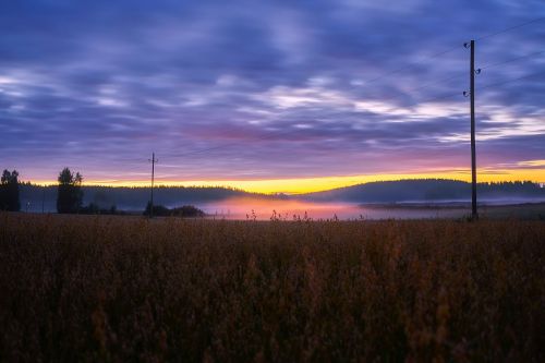 Finland, Saulėtekis, Saulėlydis, Dangus, Debesys, Spalvinga, Kraštovaizdis, Vaizdingas, Kalvos, Miškas, Medžiai, Miškai, Gamta, Lauke, Siluetai, Šalis, Kaimas, Kaimas, Ūkis, Laukas, Pieva, Rūkas, Migla, Hdr