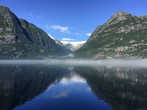 Breen Ledynas, Fjordas, Norvegija, Vanduo, Ežeras, Kalnai, Rūkas, Virš Vandens, Peržiūra