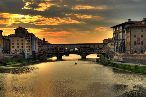 Florencija, Italy, Senas Tiltas, Tiltas, Architektūra, Miesto Kraštovaizdis, Saulėlydis, Istorinis, Upė Arno