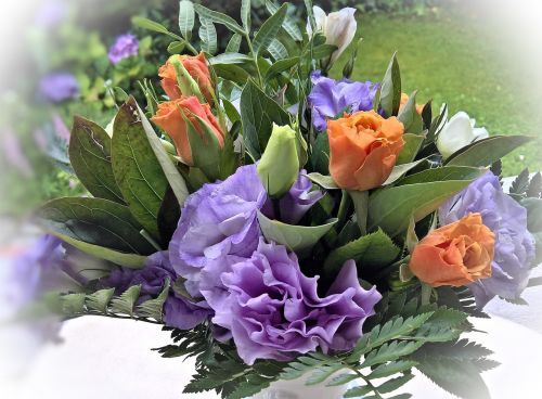 Gėlių Kompozicija, Mėlynos Ir Baltos Violetinės Anemones, Rožės Oranžinės Spalvos, Puokštė, Vasara, Augalas, Gražus