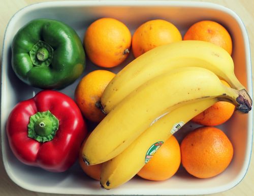 Maistas, Sveikas, Daržovės, Vaisiai, Bananai, Dubuo, Apelsinai, Mityba, Paprika