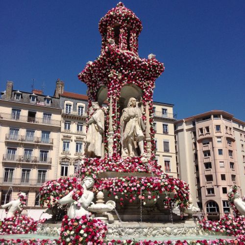 Fontanas, Paminklas, Gėlės, Rožės, Lyon, France