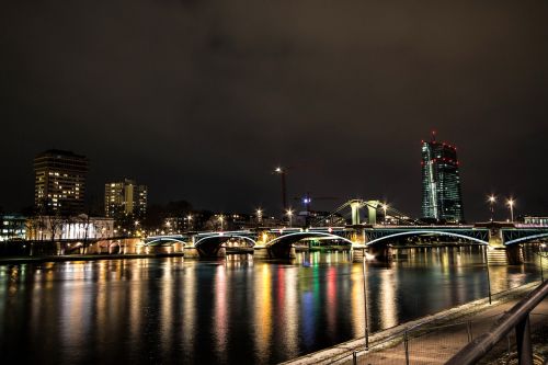 Frankfurtas Yra Pagrindinė Vokietija, Naktį, Panorama, Upė, Tiltas, Abendstimmung