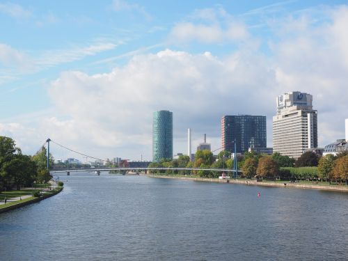 Frankfurtas Yra Pagrindinė Vokietija, Hochaeuser, Dangoraižis, Architektūra, Pastatas, Panorama, Holšteino Tiltas, Holstein Web, Vakarų Uosto Bokštas, Pagrindinis, Upė