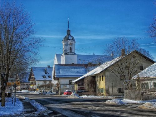 Frienried, Vokietija, Bavarija, Miestas, Miesto, Žiema, Sniegas, Gatvė, Hdr, Bažnyčia, Pastatas, Medžiai, Lauke, Vaizdingas