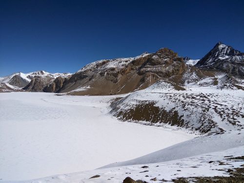 Užšalęs Ežeras, Tilicho Ežeras, Nepalo Kraštovaizdis, Kalnas Ir Užšalusis Ežeras