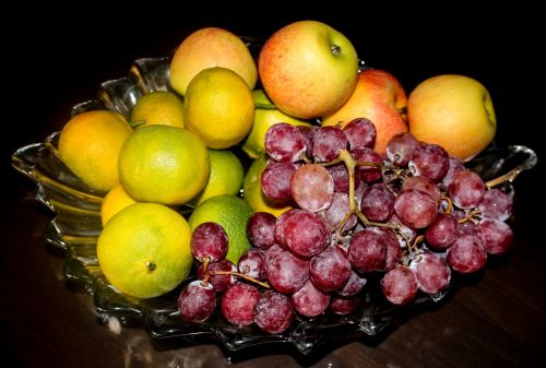 Vaisiai, Vynuogė, Obuolys, Mandarinas, Krepšelis, Juodas Fonas, Degustacija, Maistas, Gamta, Nuotrauka