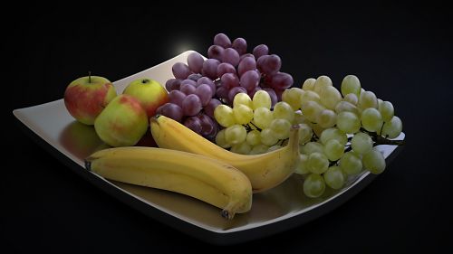 Vaisiai, Lukštas, Bananas, Vynuogės, Obuolys, Metalo Korpusas, Sveikas, Vaisių Dubuo, Vitaminai, Vaisių, 3D Modelis