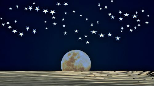 Mėnulis,  Pilnas,  Pakilimas,  Vanduo,  Atspindys,  Dangus,  Žvaigždės,  Pilnas Mėnulis Su Vidurnakčio Dangaus