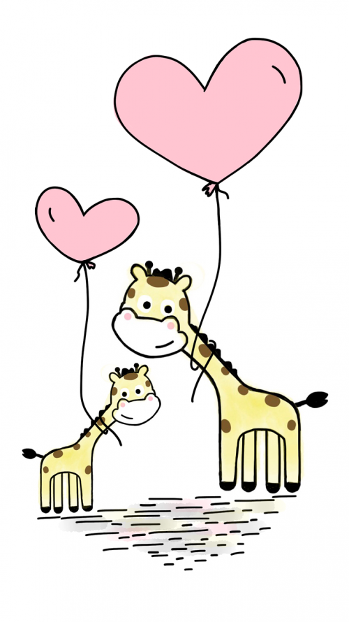 Žirafa,  Meilė,  Balionas,  Mielas,  Gyvūnas,  Motina Ir Vaiku,  Širdis,  Meilė,  Žavinga,  Juokinga,  Rožinis,  Saldus,  Šypsena,  Animacinis Filmas,  Piešimas,  Eskizas,  Doodle,  Be Honoraro Mokesčio
