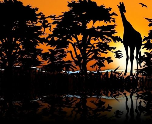 Žirafa, Zoologijos, Gyvūnai, Savana, Vakaruose, Saulėlydis, Sol, Medžiai, Afrikos, Prieš Šviesą, Atspindys, Ežeras