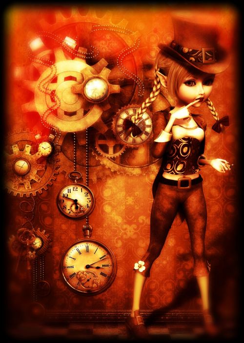 Mergaitė, Steampunk, Vintage, Skrybėlę, Mechanizmas, Laikrodis, 3D