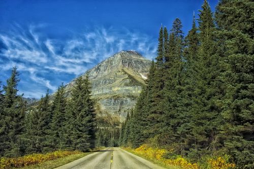 Ledynas Nacionalinis Parkas, Montana, Kraštovaizdis, Vaizdingas, Miškas, Medžiai, Kelias, Dangus, Debesys, Kalnai, Hdr
