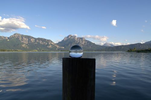 Pasaulio Vaizdas, Stiklo Rutulys, Rutulys, Ežeras, Ežeras Forggensee, Alpių, Kalnai, Žiūrėdamas, Perspektyva, Lauke, Tylus, Vaizdas