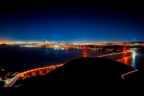Auksinių Vartų Tiltas, Naktis, Vakaras, San Franciskas, Kalifornija, Architektūra, Įlanka, Žinomas, Gabenimas, Pakaba, Miesto Panorama, Panorama