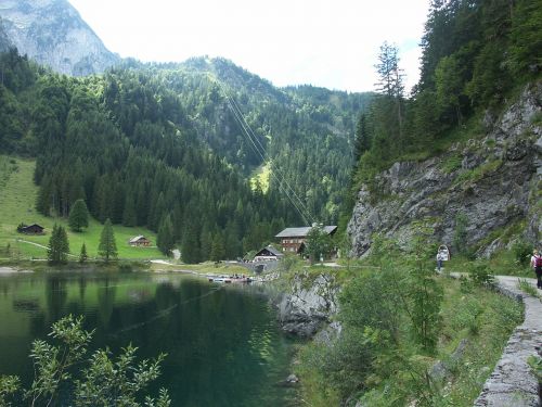 Gosausee, Dachsteinas, Ežeras, Kalnai, Miškas, Namelis, Rokas, Panorama, Kalnų Peizažas, Aukštutinė Austrija, Austria, Alpių, Bergsee