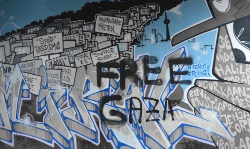 Grafiti, Gatvės Menas, Miesto Menas, Fjeras, Menas, Purkšti, Grafiti Siena, Fasadas, Berlynas, Kreuzberg, Mėlynas, Gaza