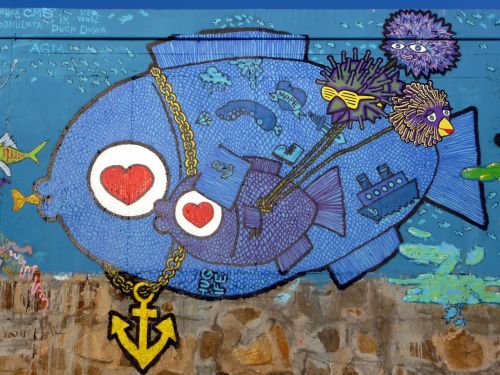 Grafiti, Žuvis, Širdis, Inkaras, Geltona, Mėlynas