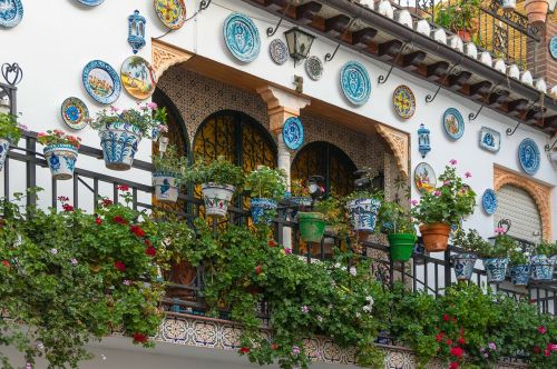 Granada, Ispanija, Pastatas, Papuoštas, Architektūra, Dekoratyvinis, Gėlės, Augalai, Spalvos, Spalvinga, Balkonas, Plokštės, Fasadas