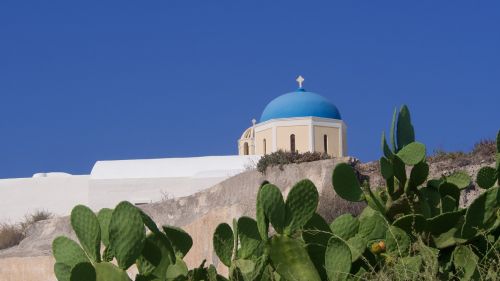 Graikija, Santorini, Bažnyčia, Kaktusas, Mėlynas, Turizmas, Krikščionybė, Religija, Šventė