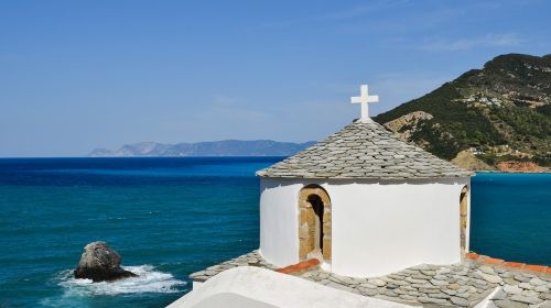 Graikija, Skopelos, Sala, Graikų Kalba, Sporadai, Viduržemio Jūros, Aegean, Miestas, Chora, Bažnyčia, Ortodoksas, Krikščionybė, Tradicinis, Architektūra, Balta, Mėlynas, Vasara, Turizmas
