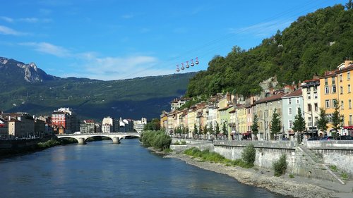 Grenoblis,  Isère,  Prancūzija,  Kalnų,  Miestas,  Alpės,  Kabelinė Automobilių,  Vasara,  Upė,  Tiltas