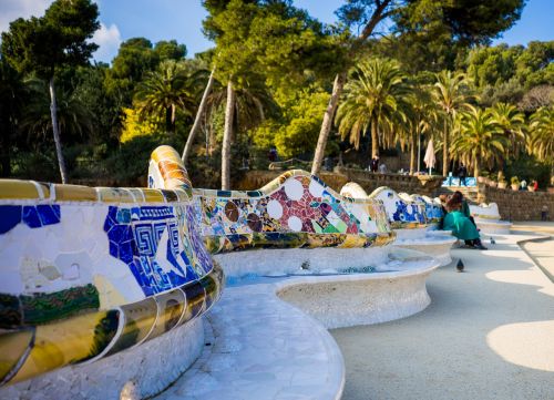 Guell Parkas, Gaudi, Barcelona, Orientyras, Paminklas, Katalonija, Ispanija, Meno, Keramika, Dizainas, Žinomas, Gamta, Stendas
