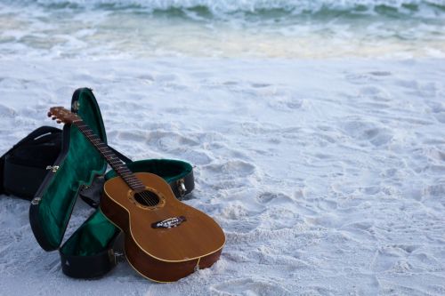 Gitara, Smėlis, Instrumentas, Akustinė, Kelionė, Vandenynas, Gyvenimo Būdas