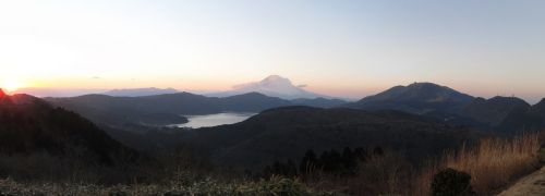 Hakone, Japonija, Ežeras, Kalnai, Kalno Fuji, Saulėlydis, Panorama