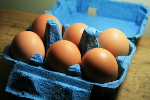 Kiaušiniai,  Šeši,  Ruda,  Vištiena,  Dėžė,  Mėlynas,  Pusedešimt Kiaušinių