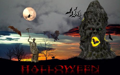Halloween, Skeletas, Šikšnosparnis, Mėnulis, Ragana, Creepy, Keista, Baugus, Siaubas, Sirrealis