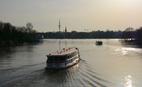 Hamburgas, Alster, Nuotaika, Laivai, Abendstimmung, Alster Steamer, Boot