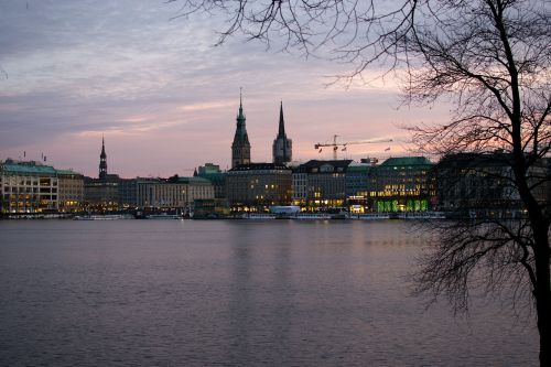 Hamburg, Alster, Jungfernstieg, Abendstimmung, Viduje Alster