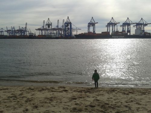 Hamburgas, Uostas, Elbe Paplūdimys, Uosto Kranai, Vaikas, Saulėlydis